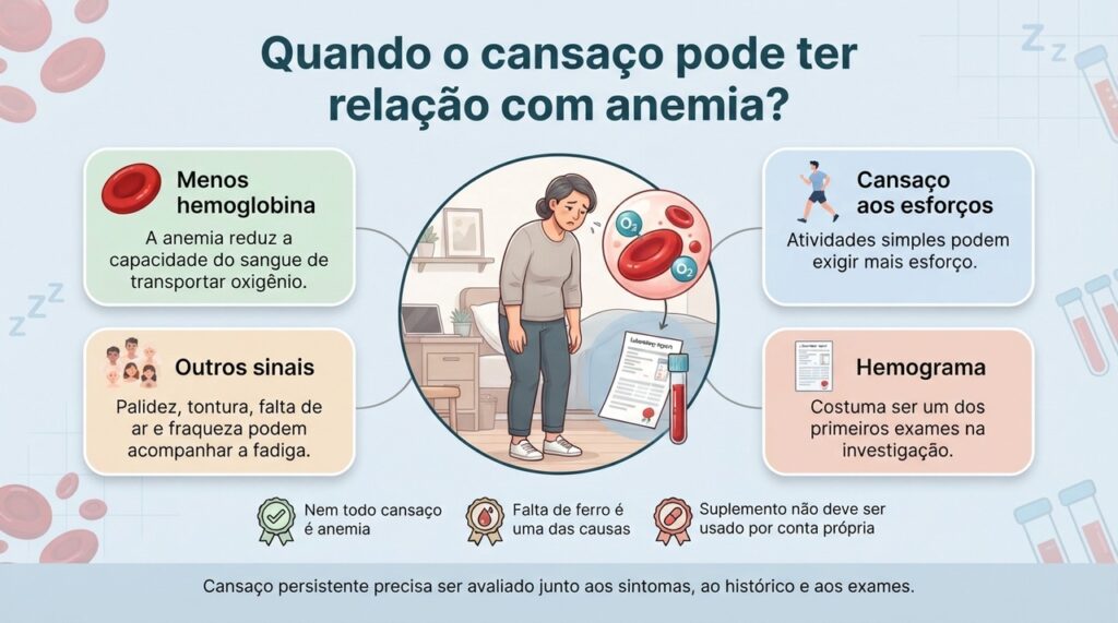 Cansaço constante pode ocorrer na anemia, mas o diagnóstico depende da avaliação clínica e de exames como o hemograma.