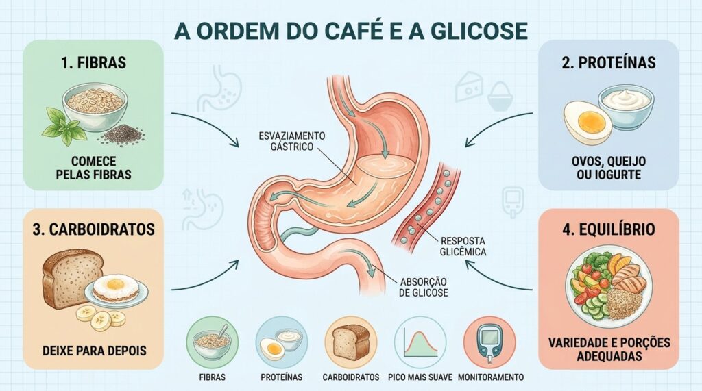 Fibras, proteínas e carboidratos em sequência podem favorecer uma resposta glicêmica mais gradual.