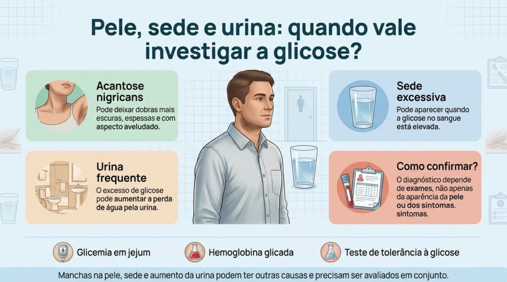 A combinação de acantose nigricans, sede intensa e urina frequente pode levantar suspeita de alteração metabólica, mas a confirmação depende de exames.v