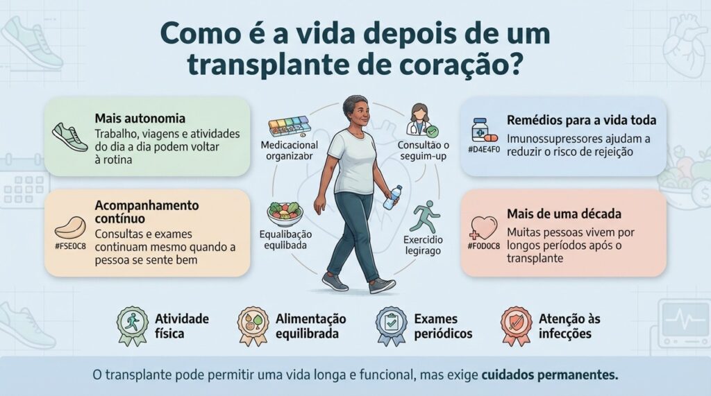 A vida após o transplante pode recuperar autonomia, mas continua acompanhada de medicamentos, consultas e prevenção de complicações.