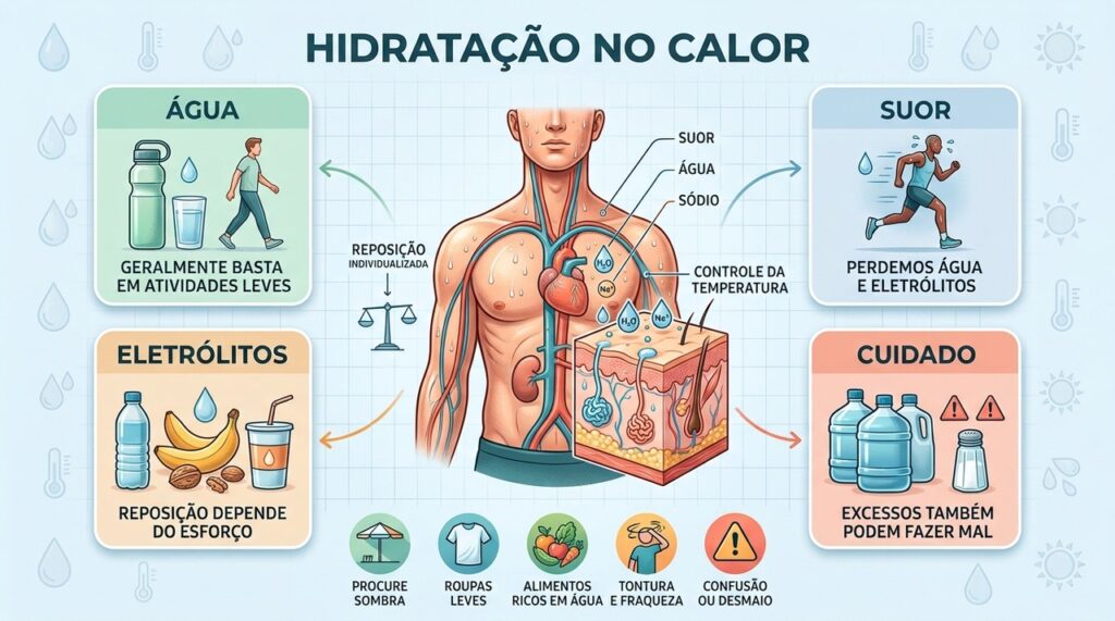 Água, suor, eletrólitos e segurança orientam a hidratação durante períodos de calor intenso.