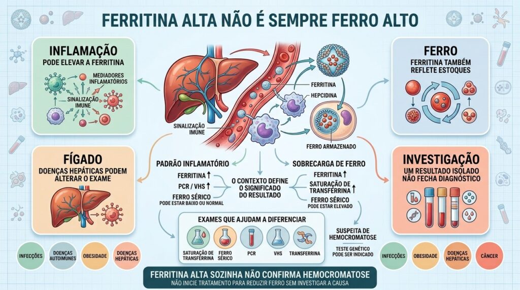 Ferritina pode subir por inflamação, exigindo outros exames para investigar excesso de ferro.