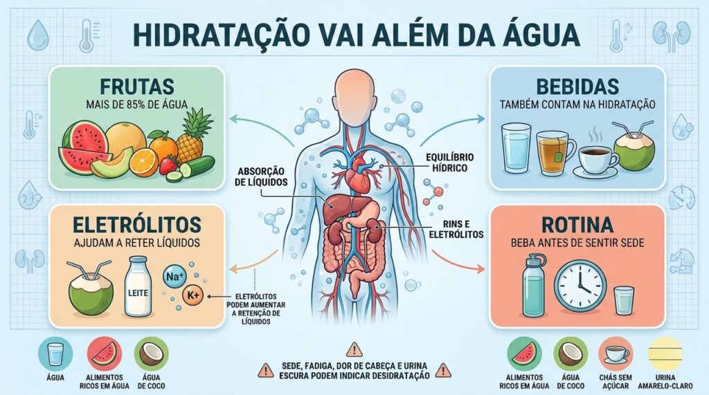 Alimentos, bebidas e eletrólitos complementam a água na manutenção da hidratação diária.