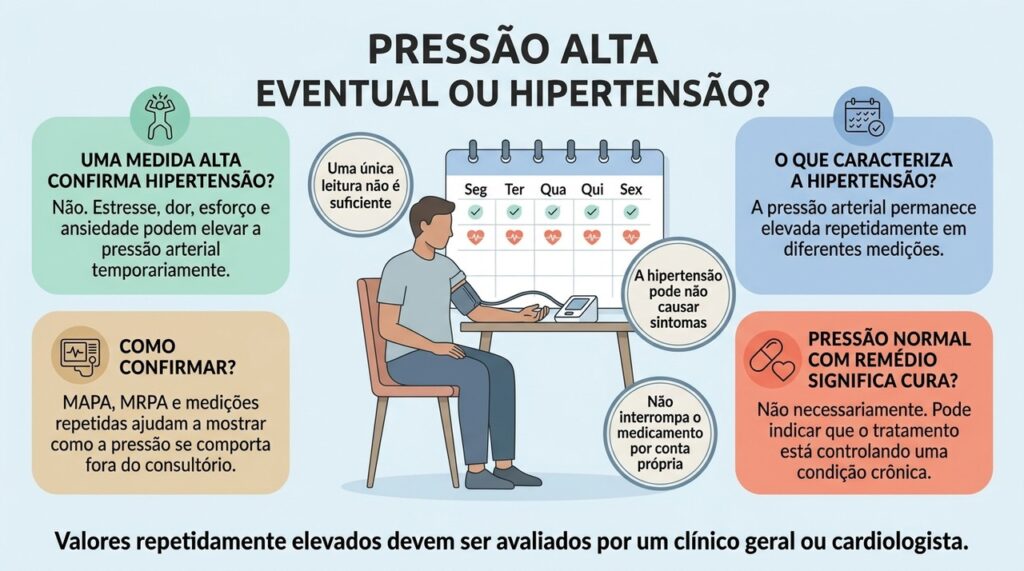 A diferença entre um pico ocasional e hipertensão está principalmente na persistência dos valores ao longo do tempo.