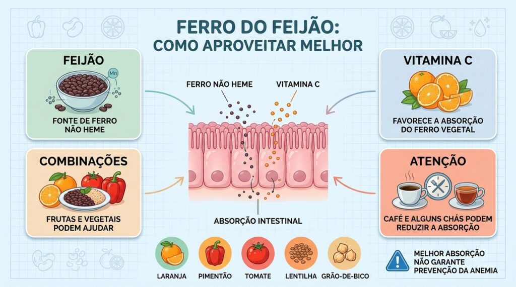 Vitamina C favorece o ferro vegetal, enquanto café e alguns chás dificultam sua absorção.