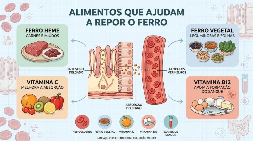 Ferro, vitamina C e B12 participam da formação sanguínea; exames identificam a causa da anemia.