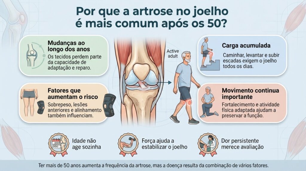 Idade, carga acumulada, peso corporal e lesões anteriores podem se combinar no risco de artrose do joelho.