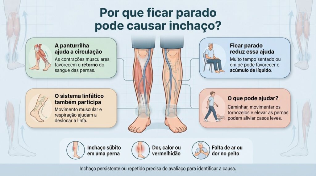 A imobilidade prolongada pode favorecer o edema ao reduzir a ação da panturrilha e tornar o retorno venoso e linfático menos eficiente.