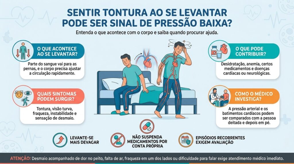 Tontura recorrente ao levantar pode estar relacionada à hipotensão ortostática e merece investigação para identificar a causa.