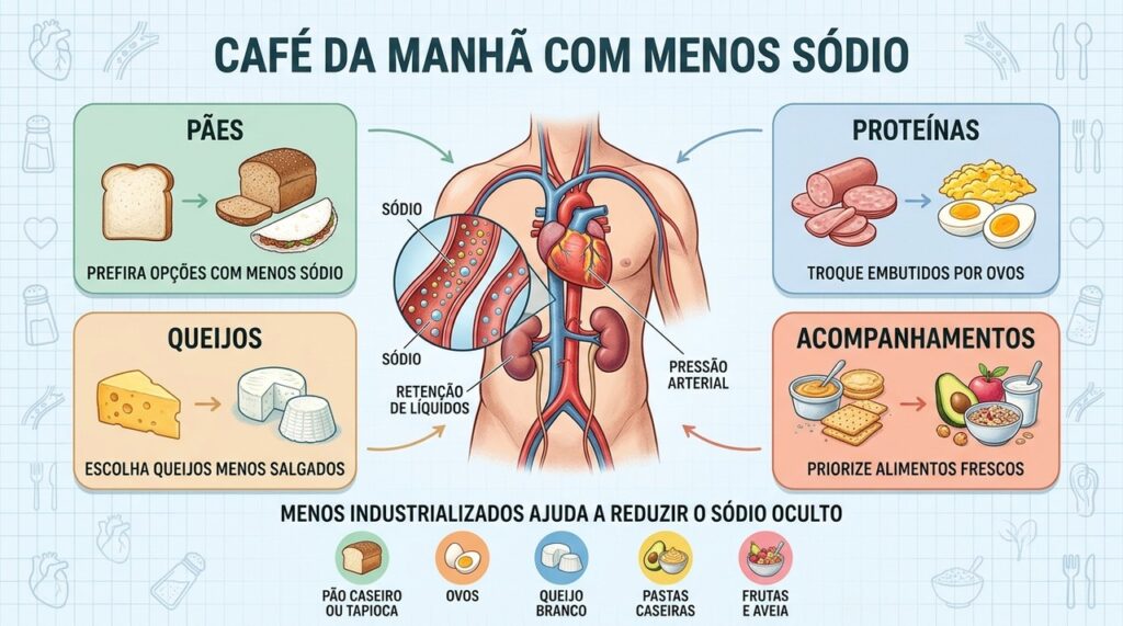 Pães, proteínas, queijos e acompanhamentos frescos ajudam a diminuir o sódio oculto.