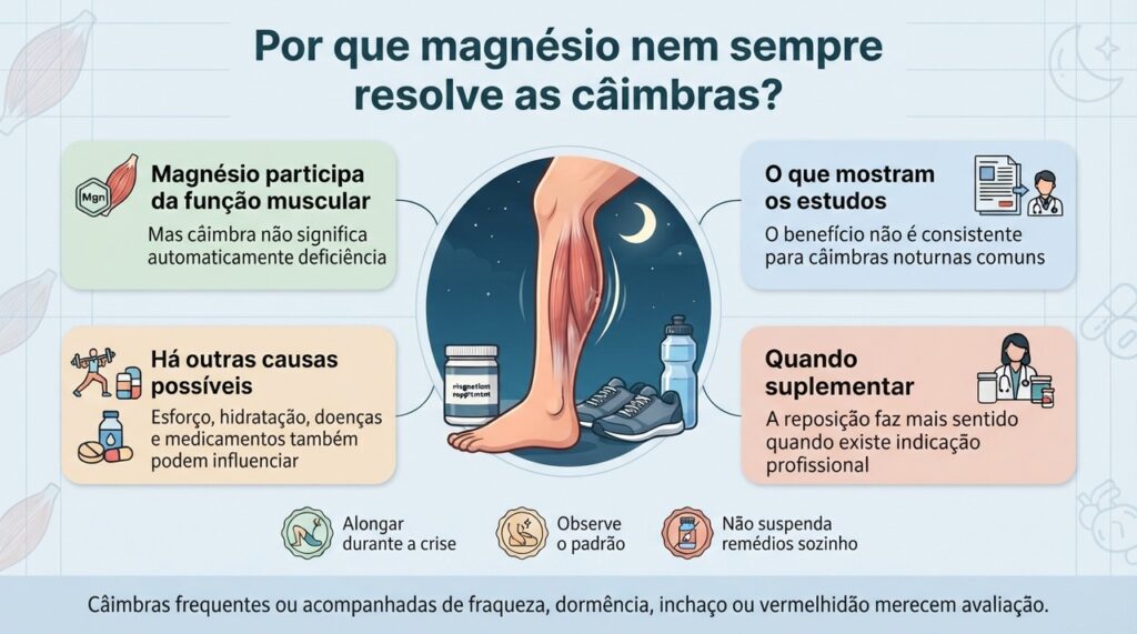Para a maioria dos adultos com câimbras noturnas sem causa definida, o magnésio não mostrou benefício consistente.