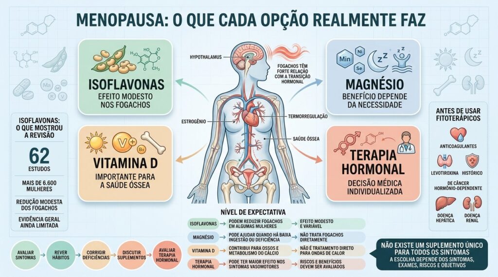 Evidências distinguem alívio dos fogachos, correção nutricional e proteção da saúde óssea.