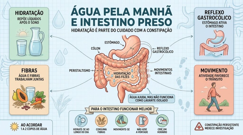 Hidratação, fibras, movimento e rotina atuam juntos para favorecer o trânsito intestinal.