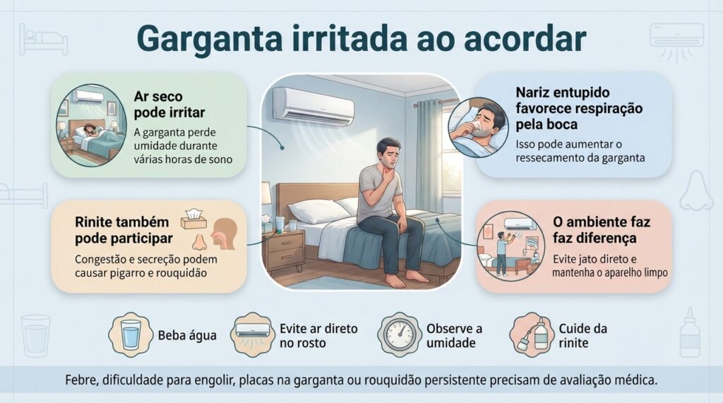 Ar seco, respiração pela boca e rinite podem contribuir para dor de garganta e rouquidão ao acordar.