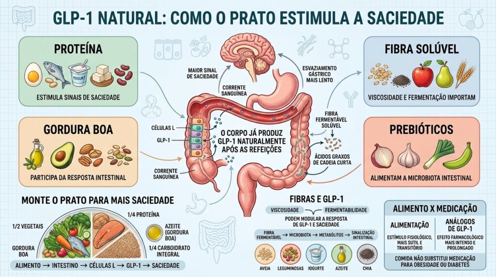 Nutrientes ativam células intestinais que liberam GLP-1 e ajudam a sinalizar saciedade.