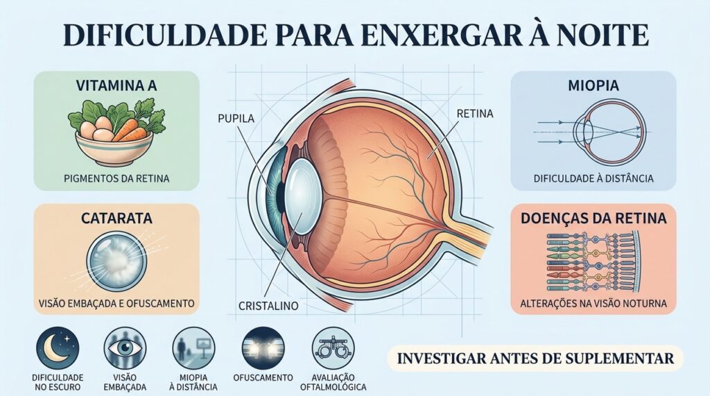 Vitamina A, miopia, catarata e doenças da retina exigem investigação para identificar a causa.