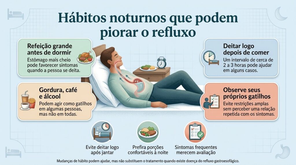 Evitar refeições volumosas perto da hora de dormir e observar gatilhos pessoais pode ajudar a reduzir o refluxo noturno.