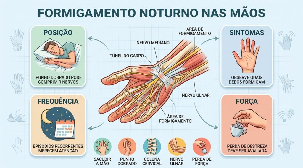 Posição, dedos afetados, frequência e perda de força ajudam a investigar formigamentos.