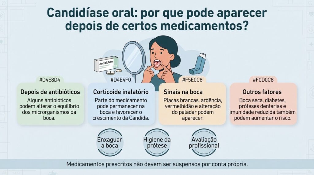 Antibióticos e corticoides inalatórios podem favorecer candidíase oral em algumas pessoas, especialmente quando existem outros fatores de risco.