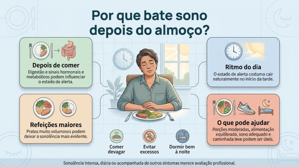 Sonolência após o almoço pode envolver tanto respostas à refeição quanto a queda natural de alerta do início da tarde.
