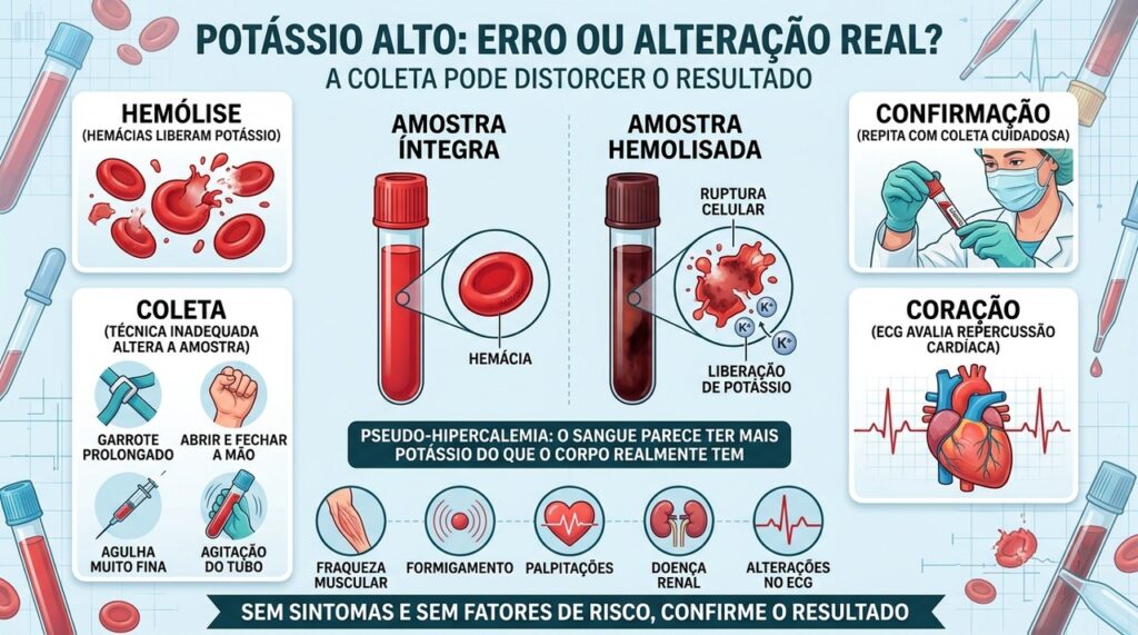 Repetir a coleta ajuda a diferenciar pseudo-hipercalemia de alterações reais do potássio.