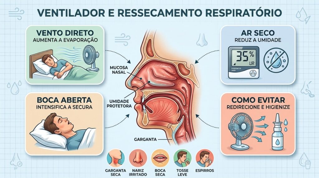 Vento direto, ar seco e respiração bucal intensificam o ressecamento das mucosas.