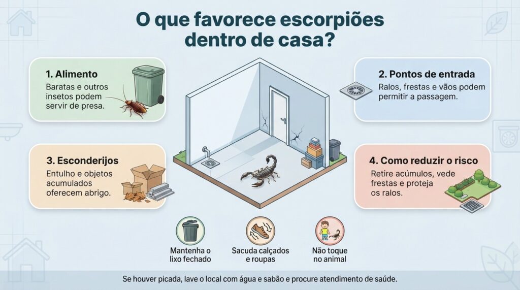 Reduzir alimento, esconderijos e pontos de entrada ajuda a tornar a casa menos favorável à presença de escorpiões.