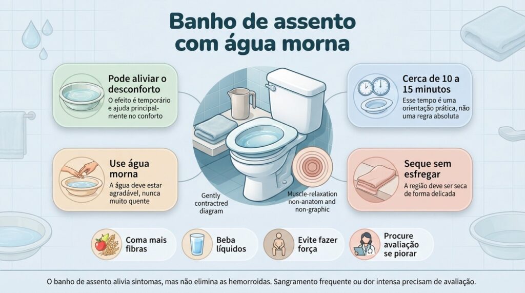 O banho de assento pode aliviar os sintomas, mas não substitui o tratamento da causa nem a avaliação quando há dor intensa ou sangramento frequente.