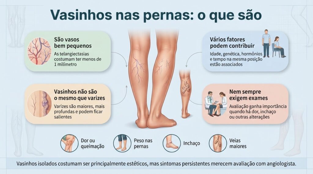 Telangiectasias são vasos superficiais muito finos e se diferenciam das varizes maiores e salientes.
