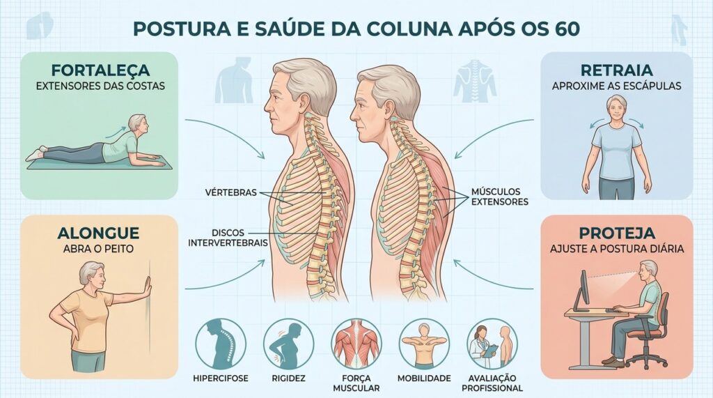 Fortalecimento das costas, alongamento do peito e ajustes ergonômicos favorecem a função e o alinhamento postural.