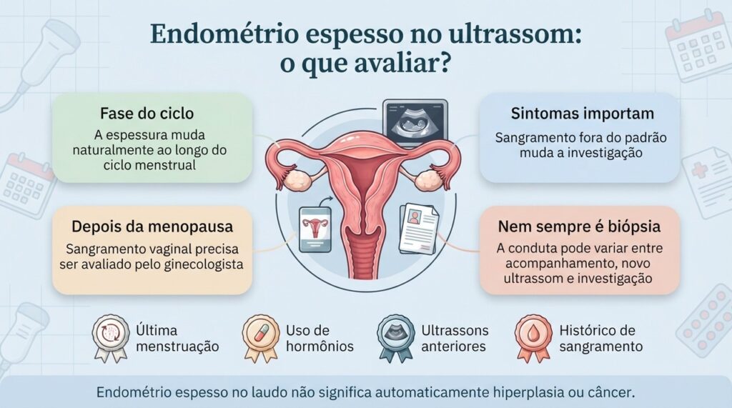 O próximo passo depende do conjunto formado por medida do endométrio, idade, ciclo, sintomas e fatores de risco.