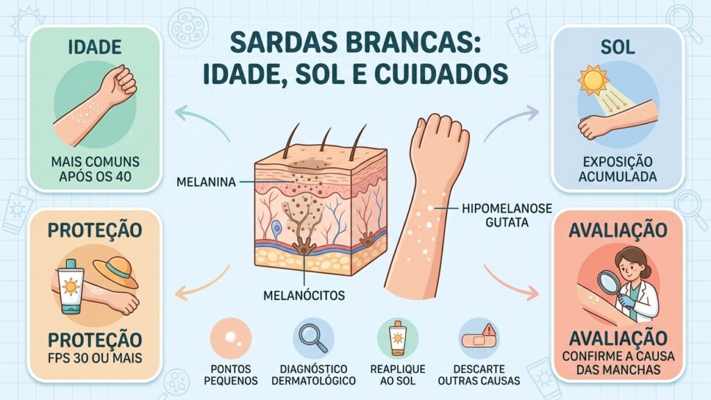 Idade, exposição solar, fotoproteção e avaliação dermatológica ajudam a compreender as chamadas sardas brancas.