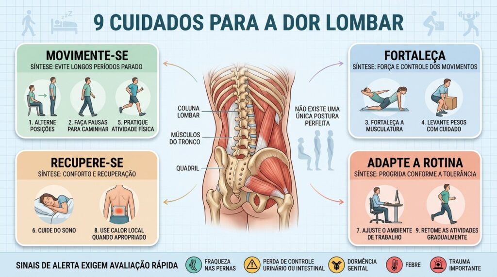 Nove cuidados combinam movimento, força, recuperação e adaptação para proteger a coluna.