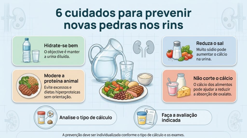Hidratação, menos sal e ajustes na alimentação devem ser combinados com a avaliação do tipo de cálculo.
