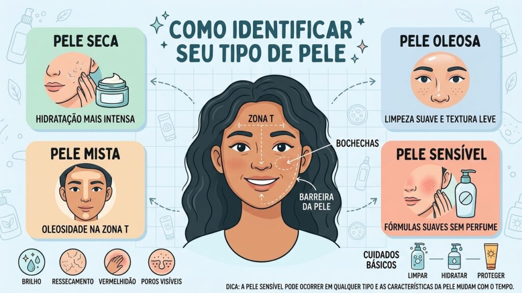 Pele seca, oleosa, mista ou sensível precisa de cuidados específicos, com limpeza, hidratação e proteção solar.