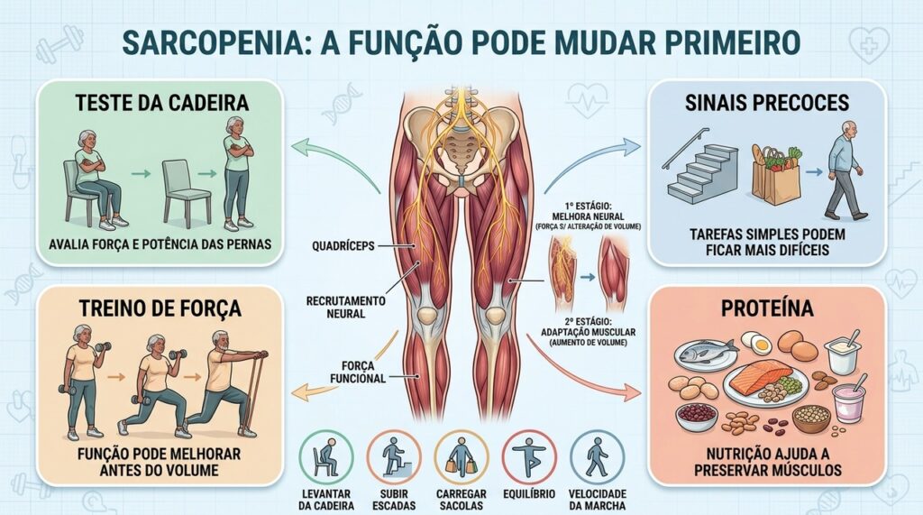 Força e função podem diminuir antes que a perda muscular fique visualmente evidente.