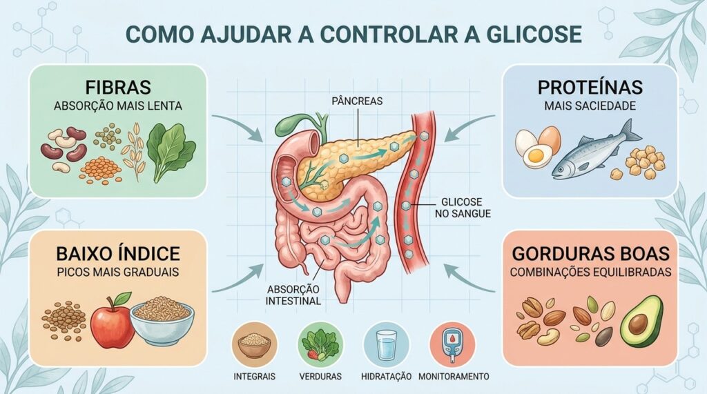 Fibras, proteínas, gorduras boas e alimentos de baixo índice glicêmico favorecem o controle da glicose.