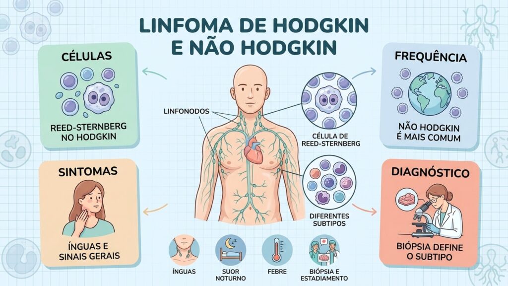 Biópsia, identificação celular e estadiamento orientam o diagnóstico e o tratamento de cada linfoma.