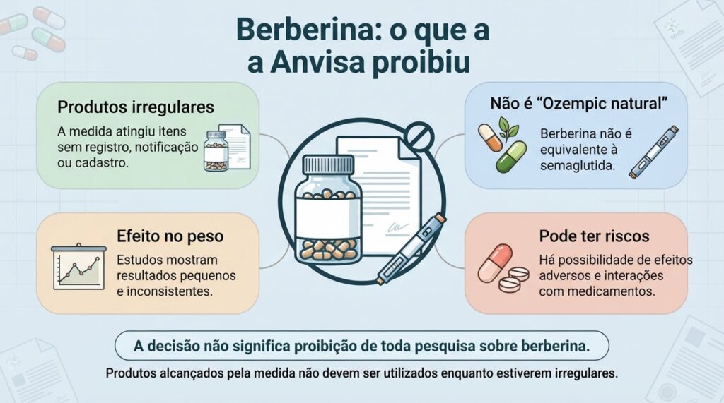 A medida da Anvisa se refere a produtos irregulares vendidos com alegações inadequadas, e não transforma a berberina em equivalente a medicamentos aprovados para obesidade.