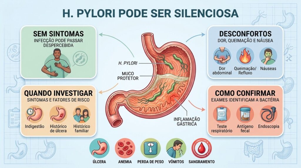 Infecção silenciosa, fatores de risco e exames específicos orientam a investigação da bactéria.