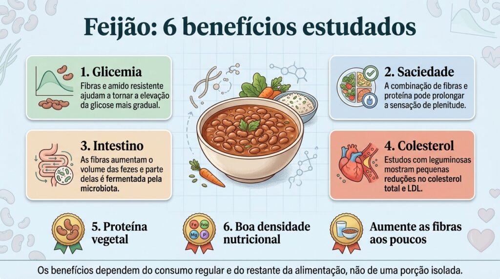 O feijão reúne fibras, proteína vegetal, amido resistente e micronutrientes associados a benefícios para glicemia, saciedade, intestino e coração.