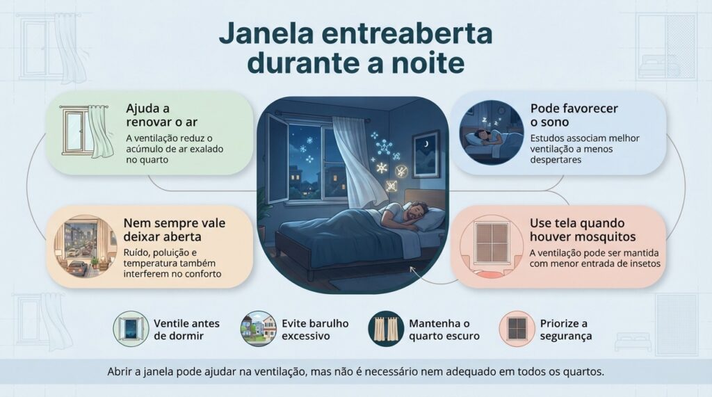 Melhorar a renovação do ar pode favorecer um ambiente de sono mais adequado, desde que segurança, ruído e conforto também sejam levados em conta.