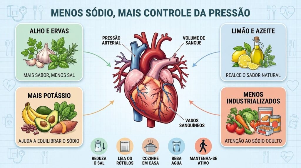 Ervas, potássio, alimentos frescos e menos industrializados favorecem o controle da pressão.