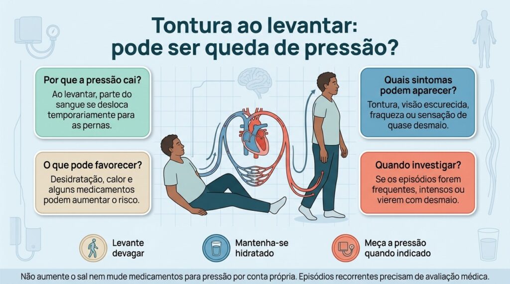 A hipotensão postural pode causar tontura ao levantar, mas episódios repetidos precisam ser investigados para identificar a causa.