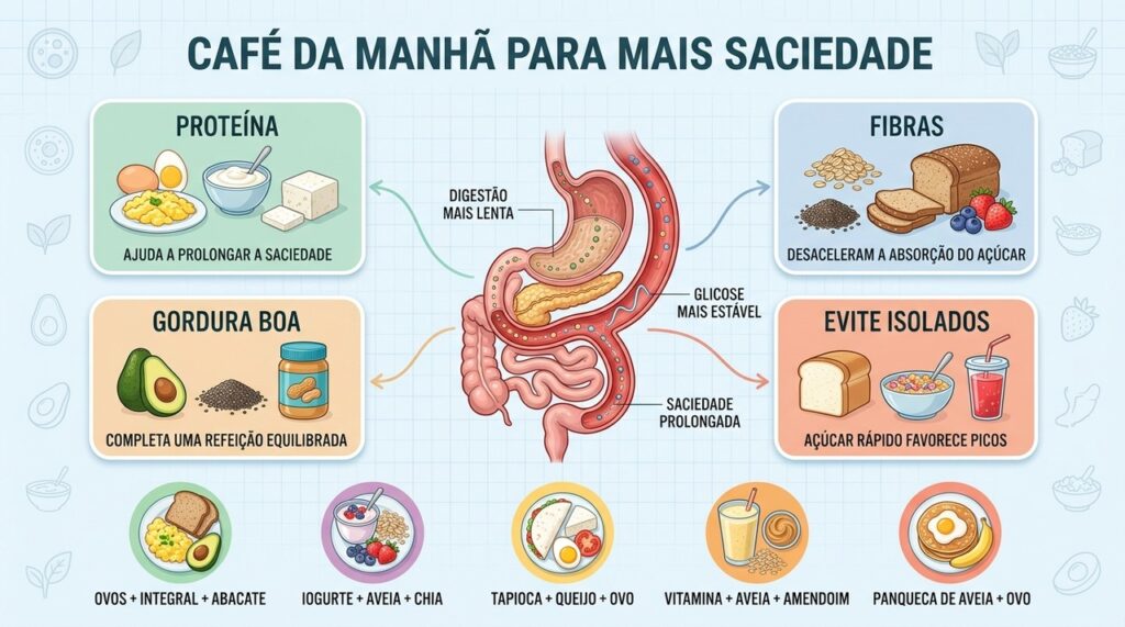 Combinar proteína e fibras favorece saciedade prolongada e resposta glicêmica mais equilibrada.