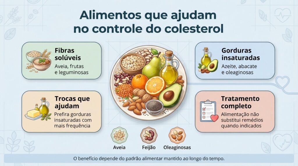 O controle do colesterol envolve o conjunto da alimentação, com mais fibras e melhores fontes de gordura.