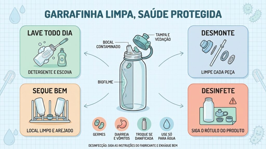 Desmonte, esfregue, seque bem e desinfete a garrafinha seguindo as instruções do fabricante.