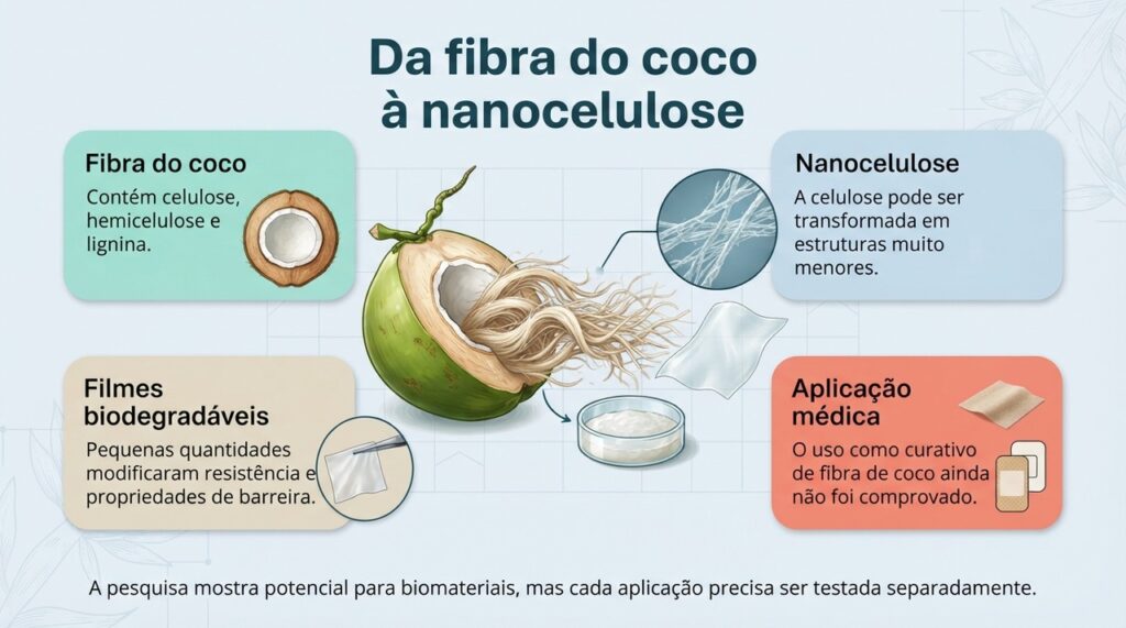 A celulose extraída da fibra do coco já foi usada em materiais biodegradáveis experimentais, mas aplicações médicas específicas ainda dependem de novos estudos.