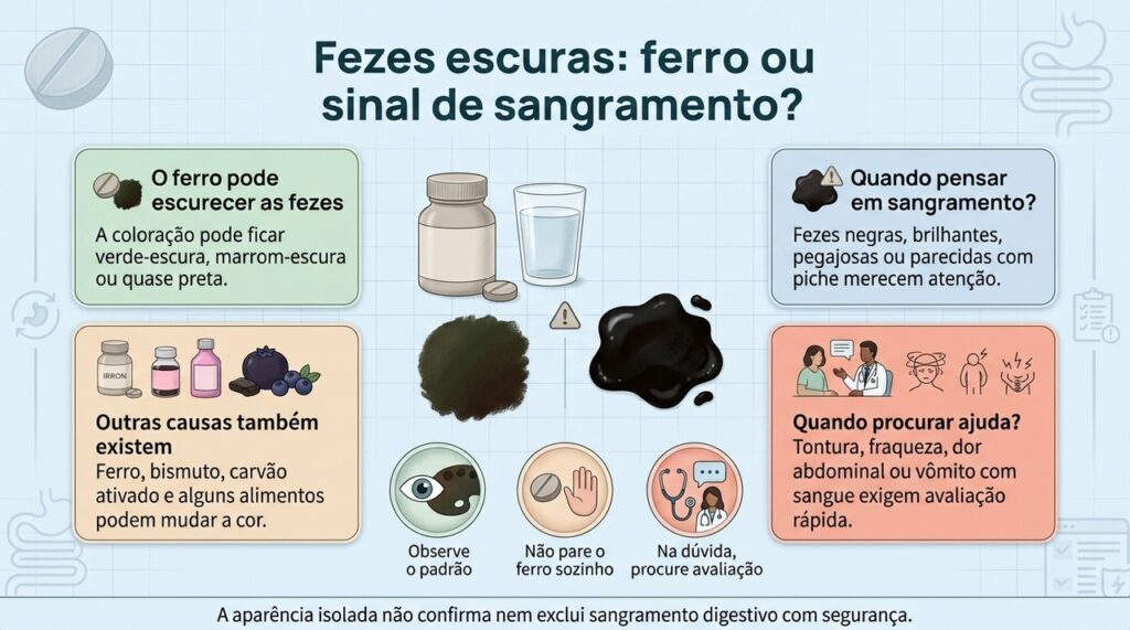 Fezes escuras podem ser efeito do ferro, mas mudanças incomuns e sintomas associados não devem ser ignorados.