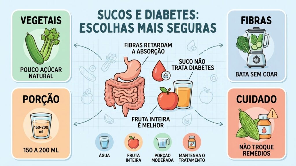 Priorize vegetais sem coar, porções moderadas, frutas inteiras e água no controle da glicose.